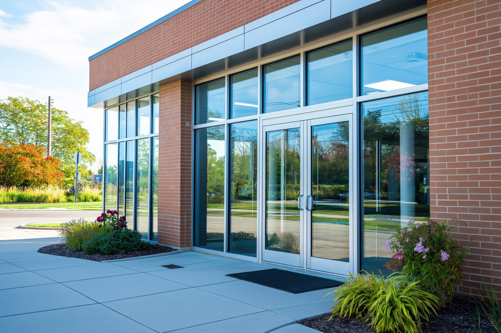 modern vet clinic exterior with large glass windows and brick facade, surrounded by landscaped greenery, illustrating healthcare and veterinary services environment